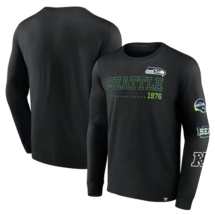 Men's Seattle Seahawks Black High Whip Pitcher Long Sleeve T-Shirt Men's Seattle Seahawks Black High Whip Pitcher Long Sleeve T-Shirt